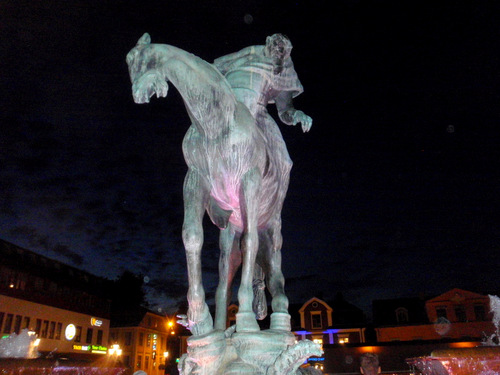 Statue of Ghostly Horseman on the Linköping plaza.